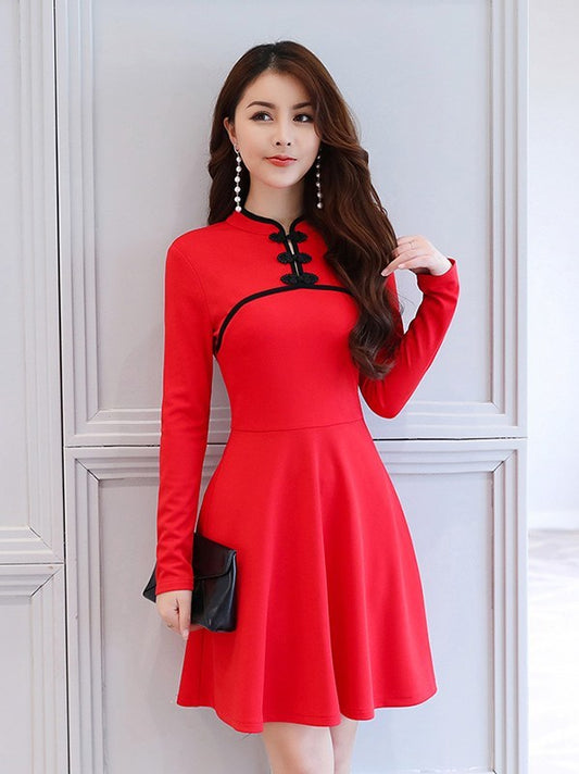 High Neck Frog Button Long Sleeve Dress