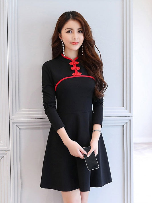High Neck Frog Button Long Sleeve Dress