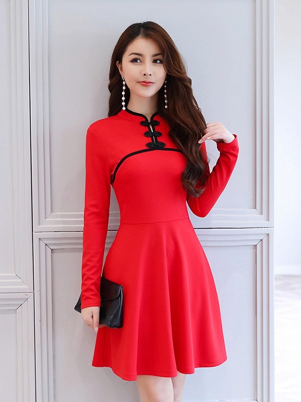 High Neck Frog Button Long Sleeve Dress